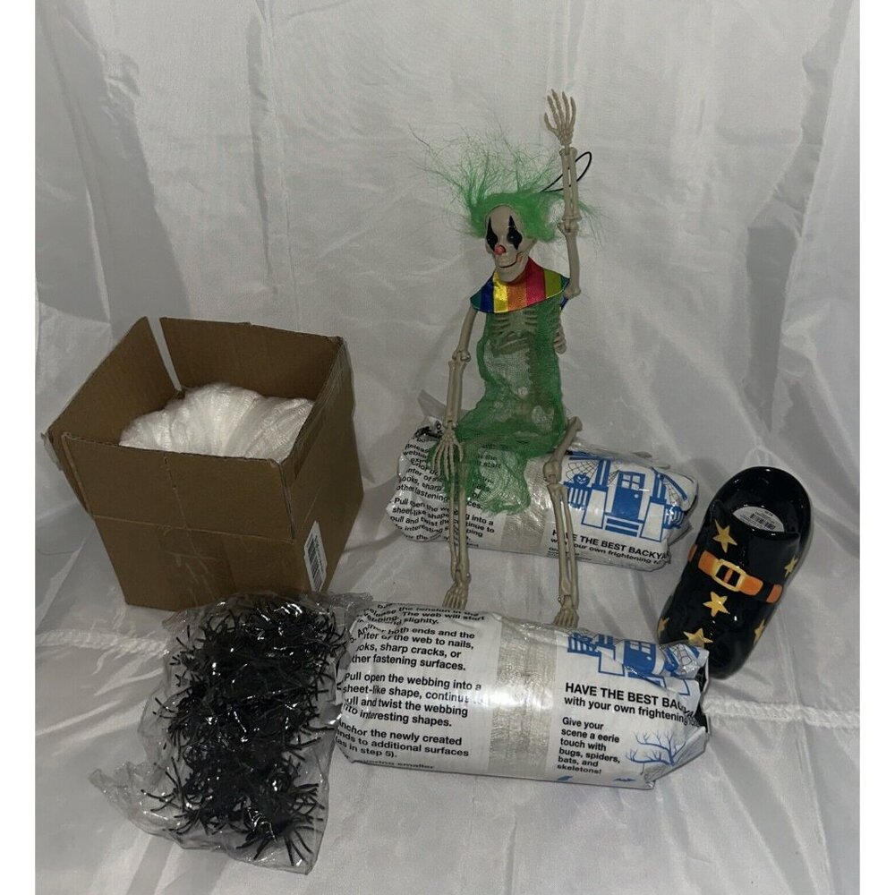3 x Stretchy Spider Web Halloween Cobweb With Scary Spiders Witch Shoe Skeleton